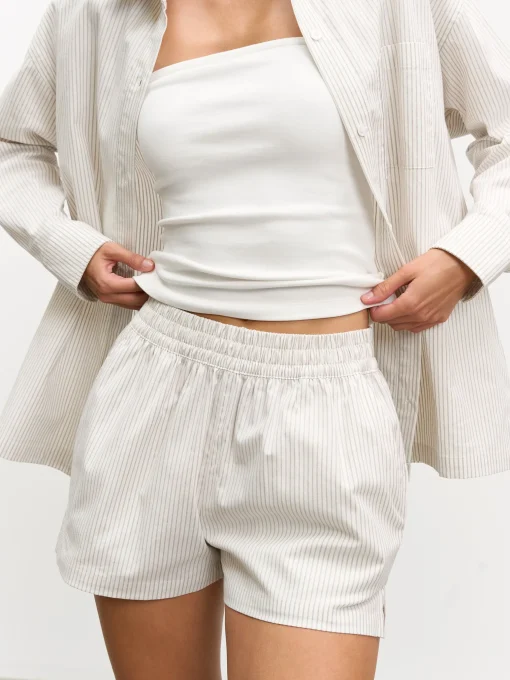 Womens Pull On Stripe Cotton Short - Stone