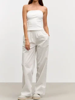 Womens Pull On Stripe Cotton Trouser - Stone