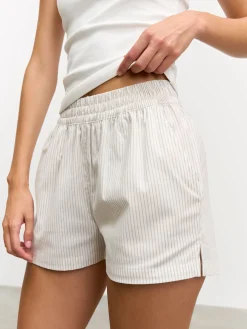 Womens Pull On Stripe Cotton Short - Stone