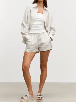 Womens Pull On Stripe Cotton Short - Stone