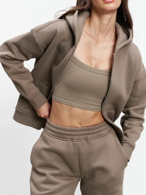 Womens Relaxed Zip Hoodie - Taupe