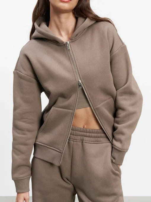 Womens Relaxed Zip Hoodie - Taupe